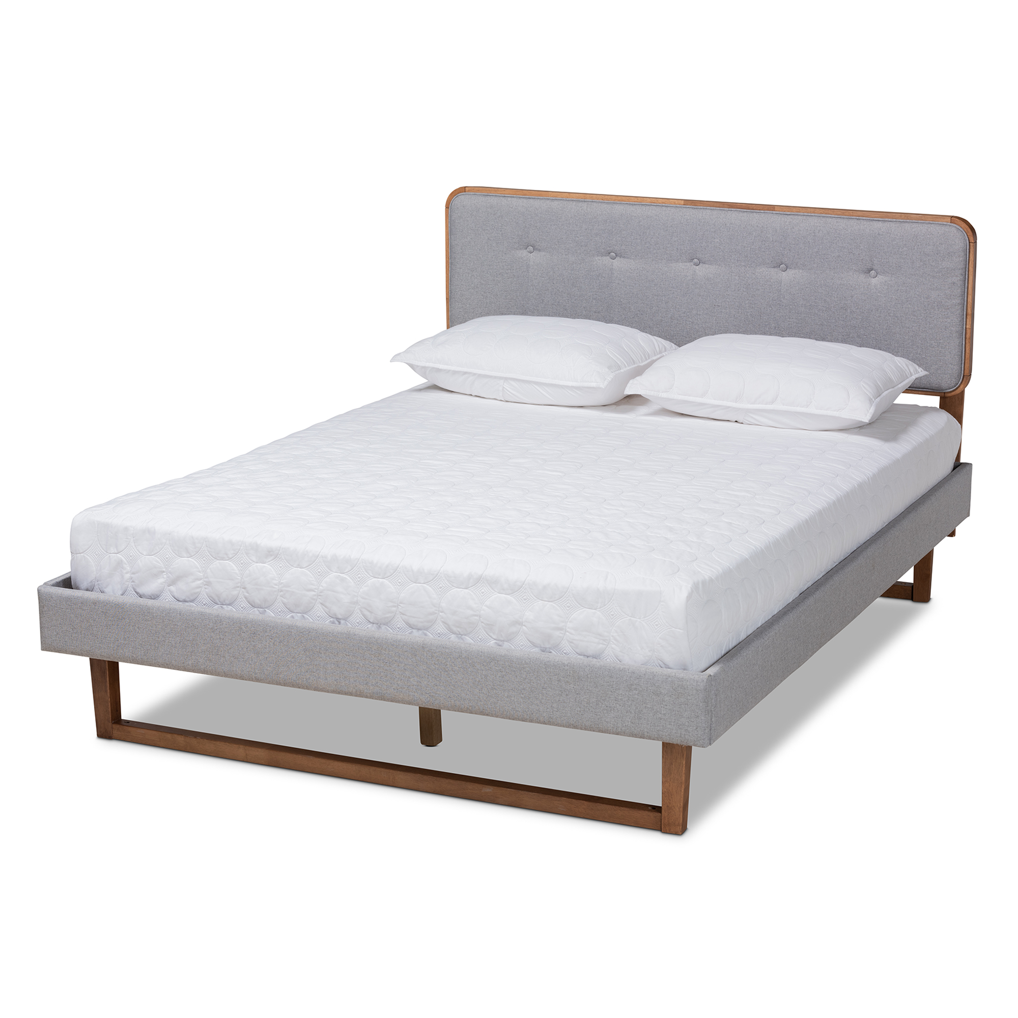 Baxton Studio Sofia Mid-Century Modern Light Grey Fabric Upholstered and Ash Walnut Finished Wood King Size Platform Bed